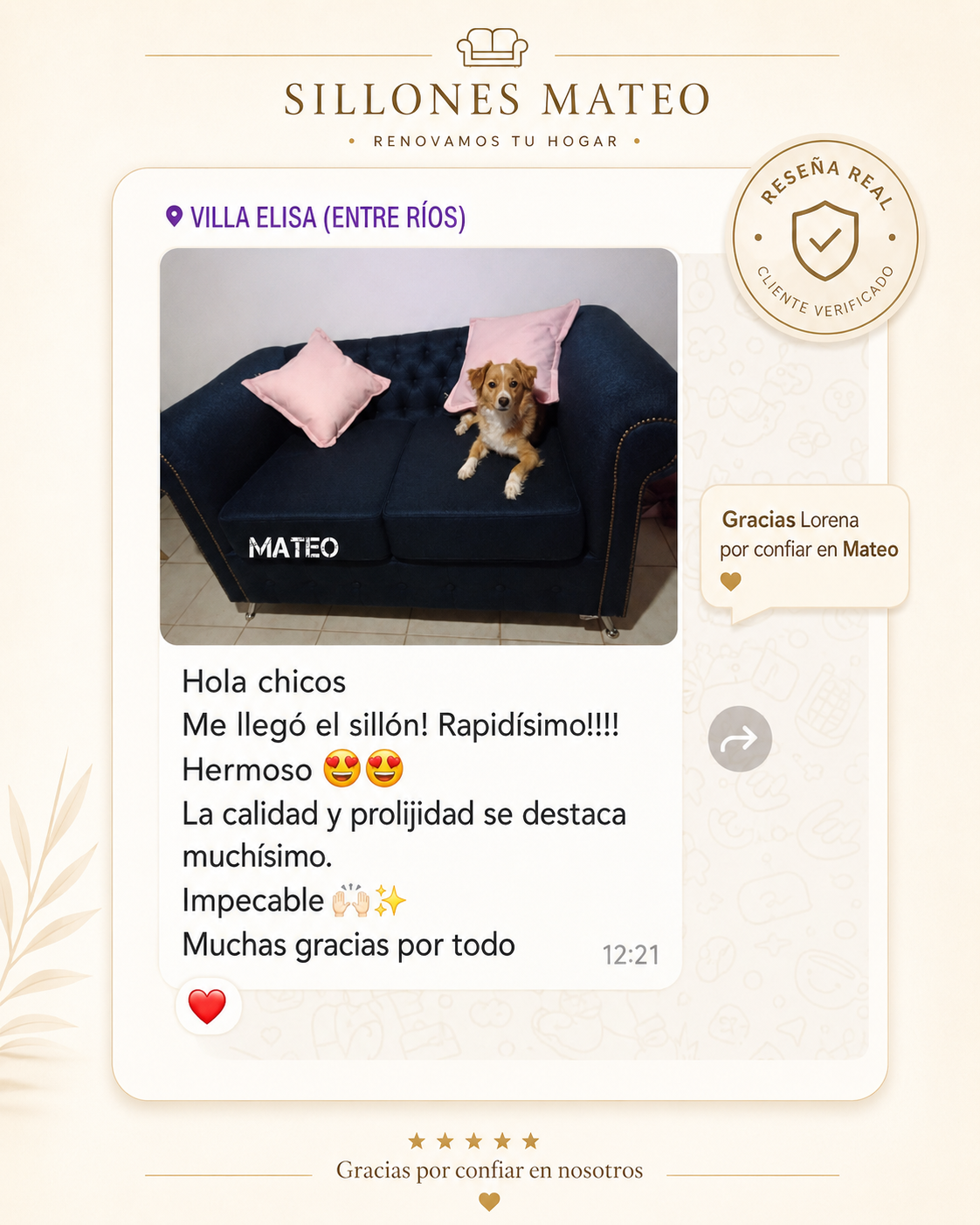 Rese&ntilde;a real de un cliente de Sillones Mateo