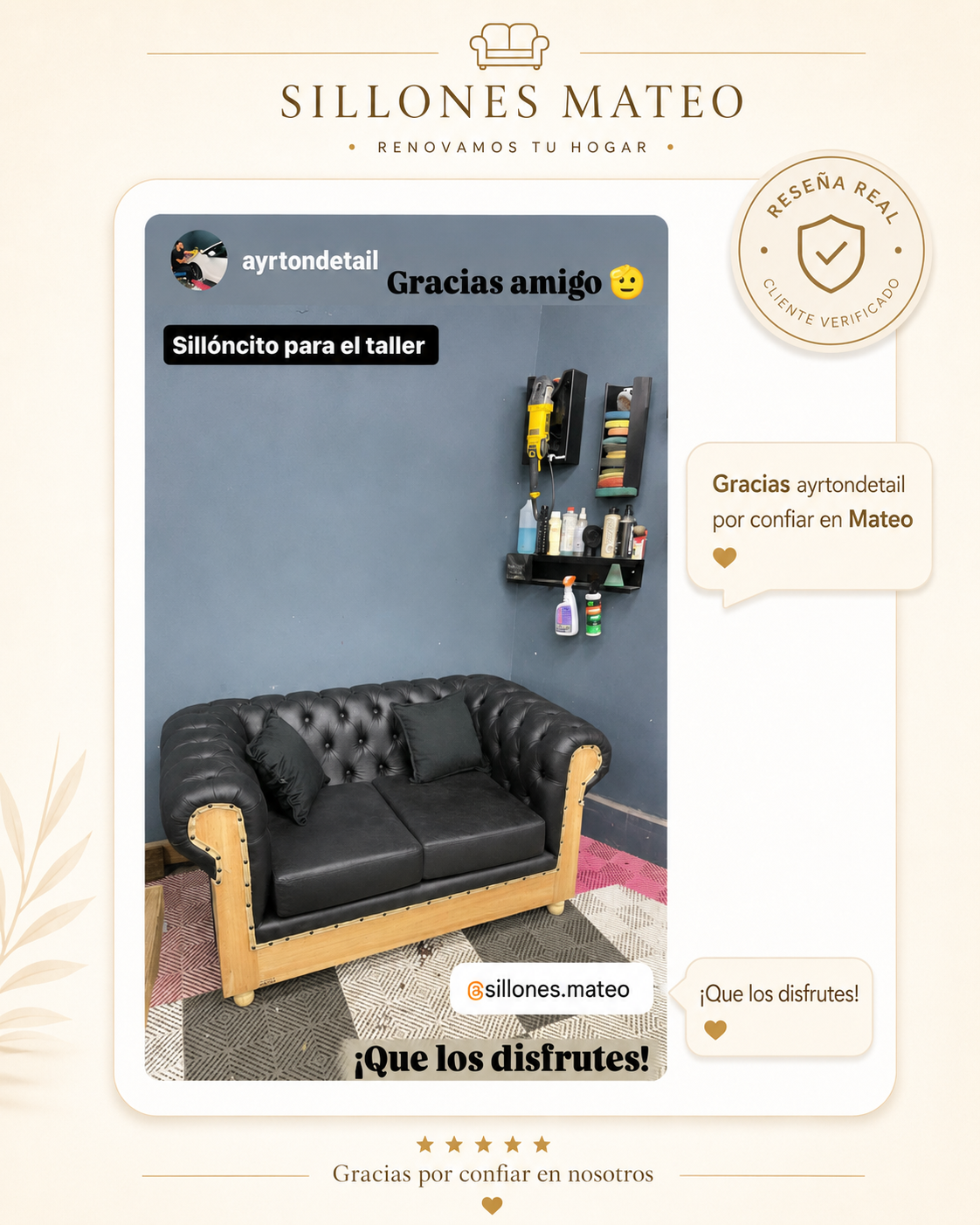 Rese&ntilde;a real de un cliente de Sillones Mateo