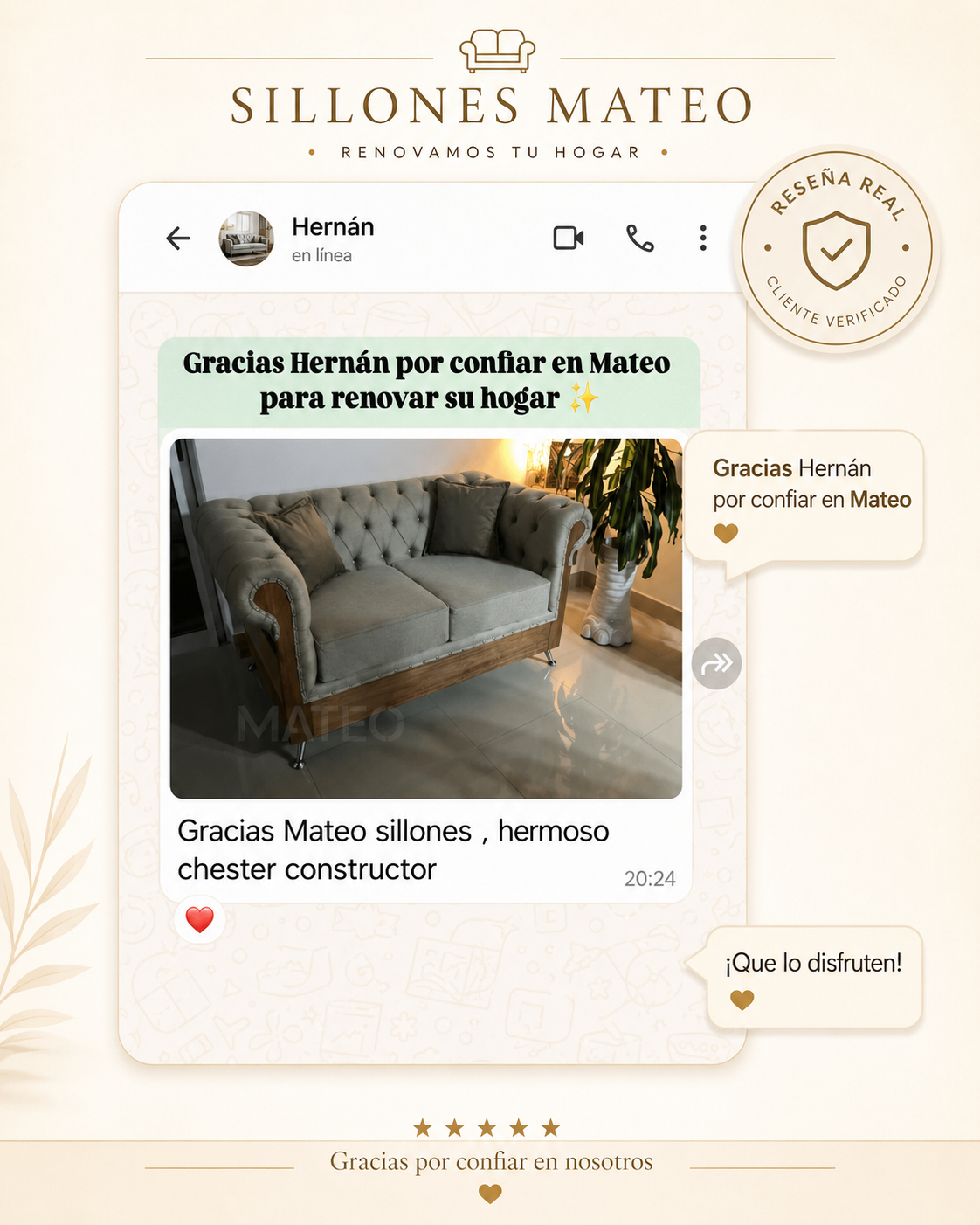 Rese&ntilde;a real de un cliente de Sillones Mateo