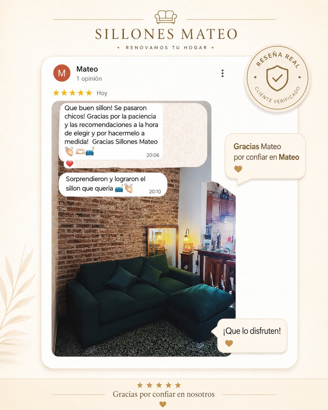 Rese&ntilde;a real de un cliente de Sillones Mateo