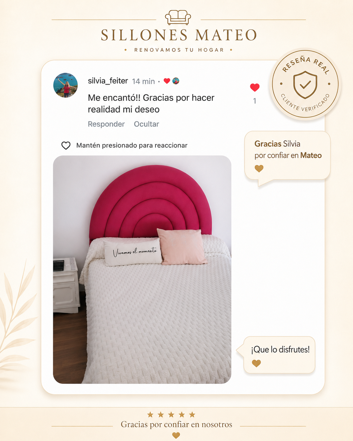 Rese&ntilde;a real de un cliente de Sillones Mateo