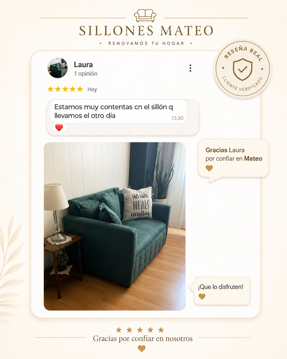 Rese&ntilde;a real de un cliente de Sillones Mateo