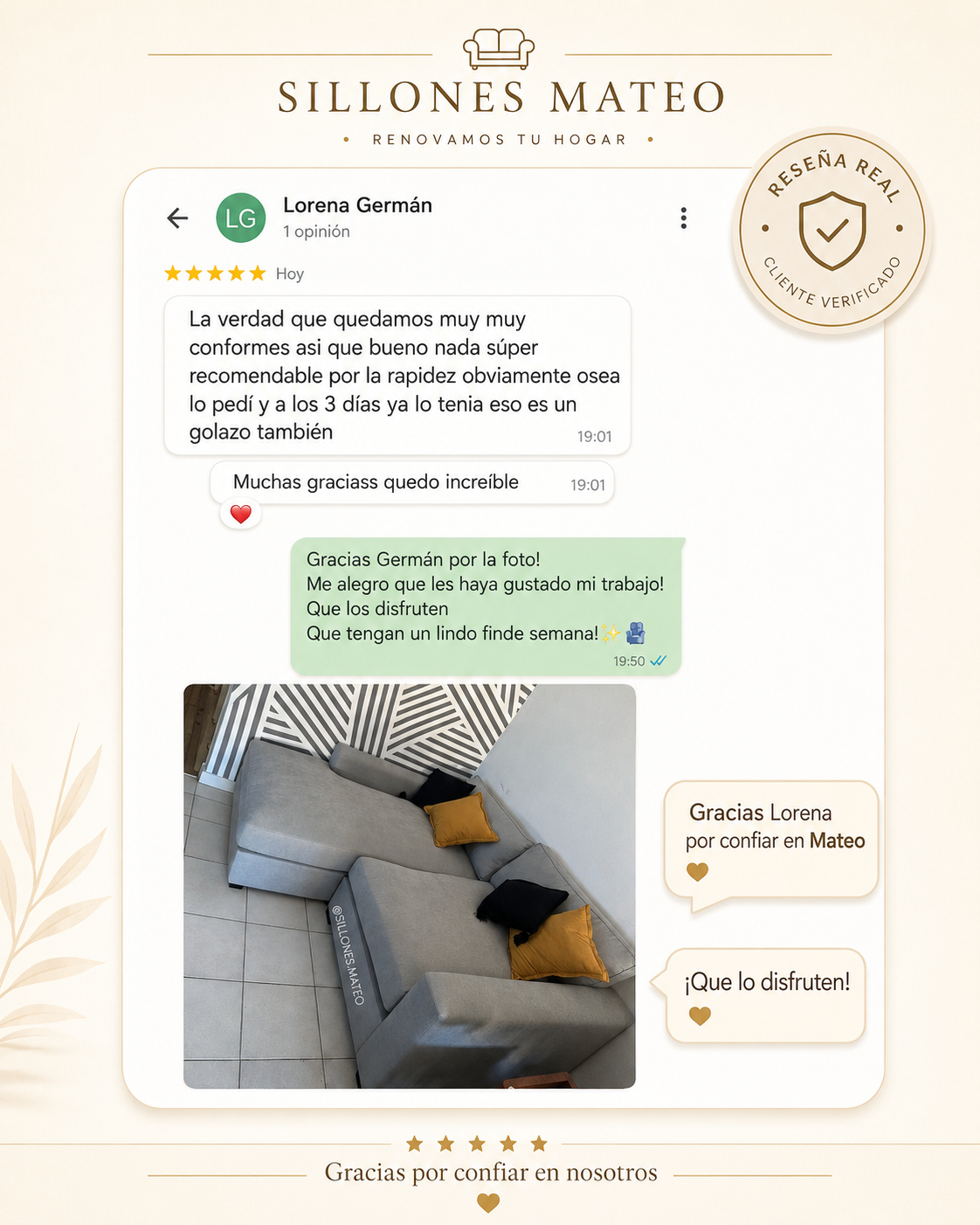 Rese&ntilde;a real de un cliente de Sillones Mateo