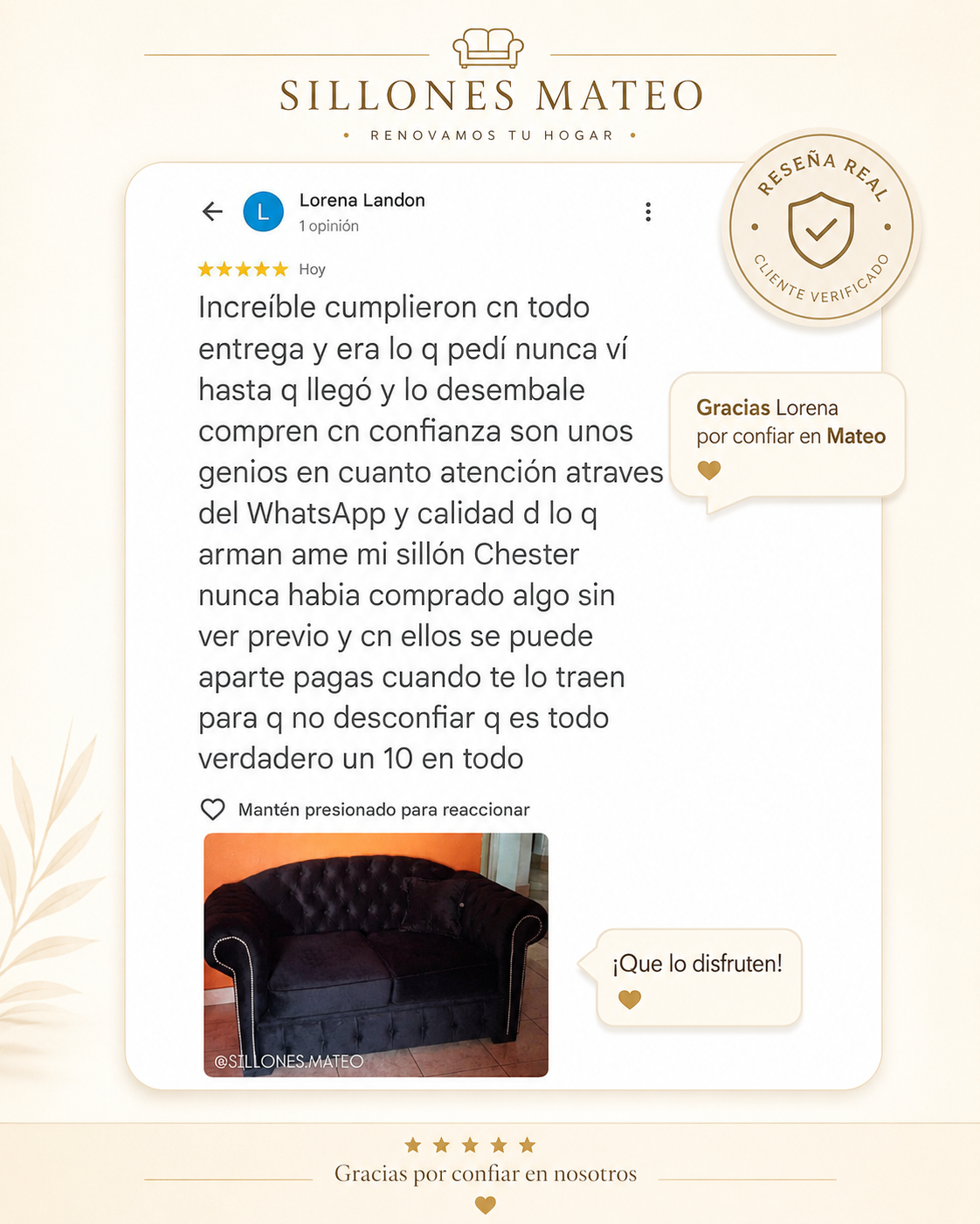 Rese&ntilde;a real de un cliente de Sillones Mateo